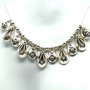 Sliding Teardrop Charm Silver-tone Rhinestone & Silver Beaded Spacers Necklace